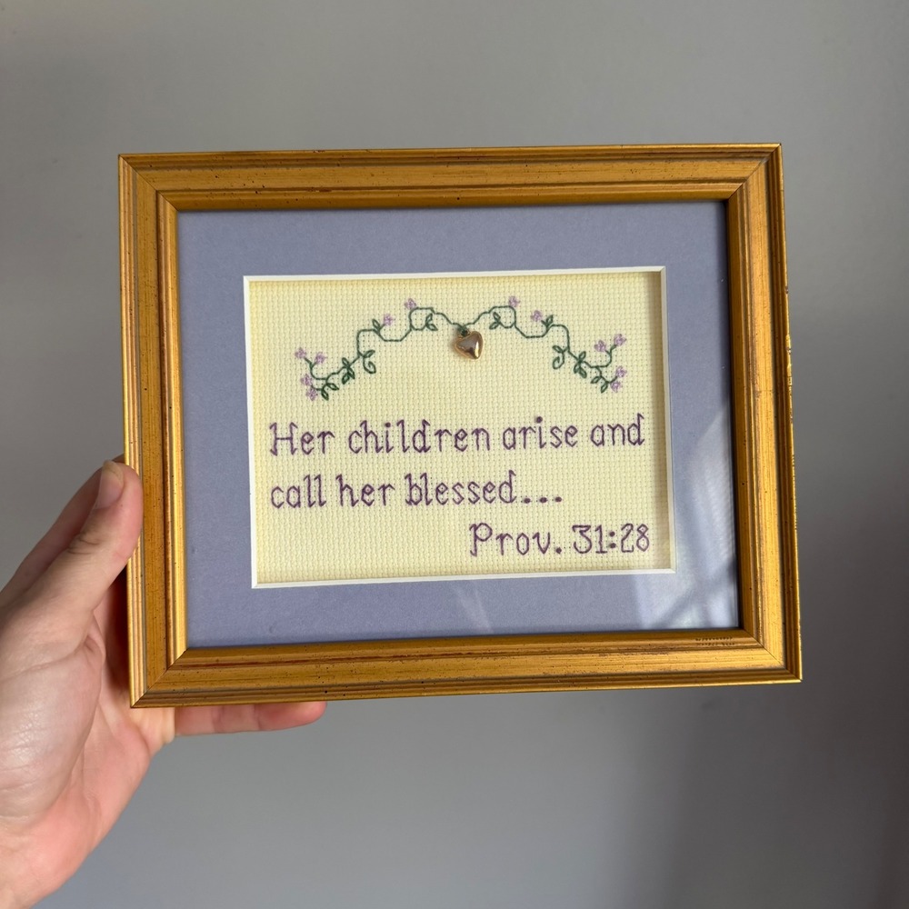 Handmade Framed Cross Stitch Proverbs 31:28 Her Children Arise Gold Frame